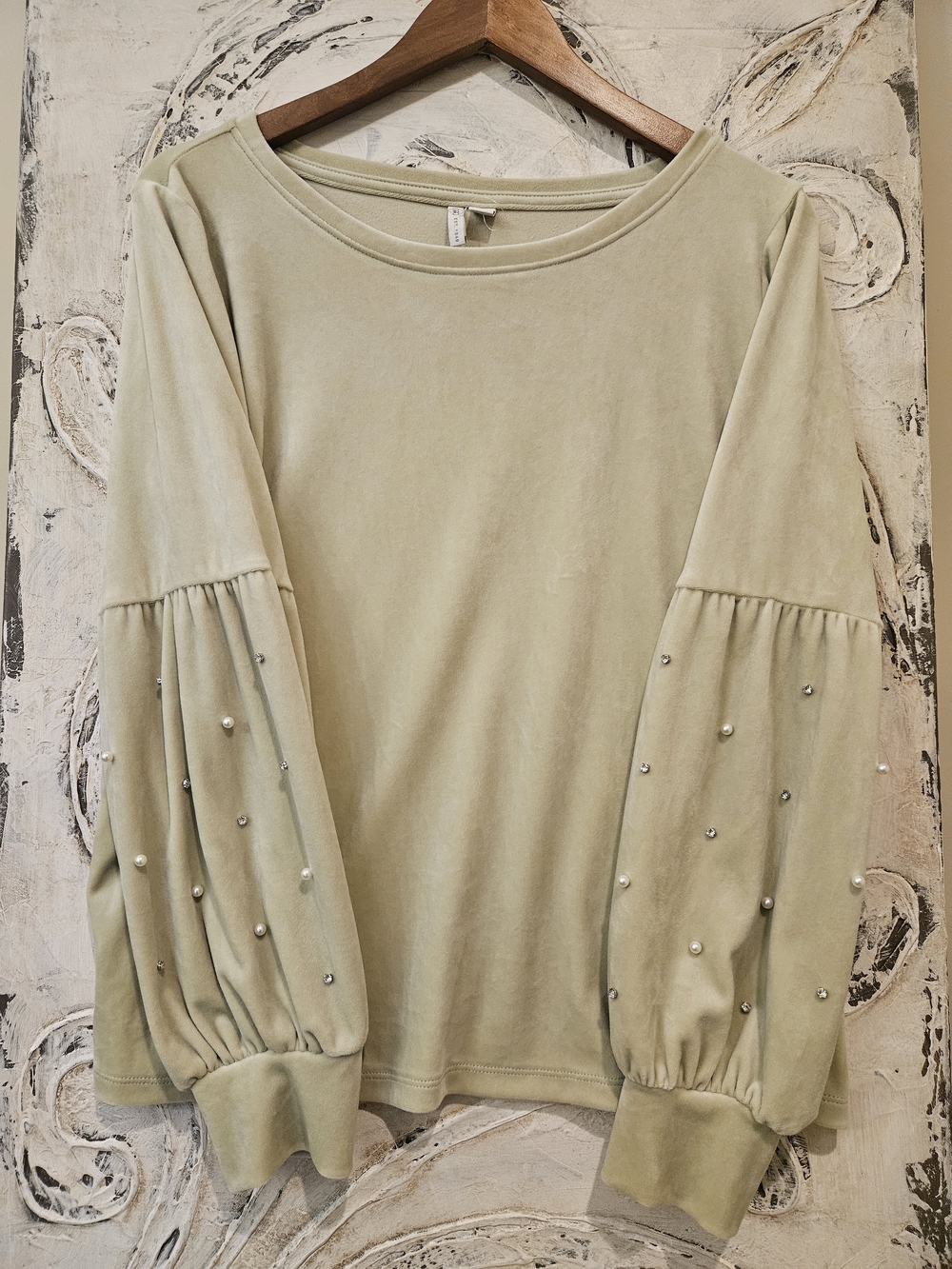 Cato Sage Pearl-Embellished Balloon Sleeve Sweatshirt